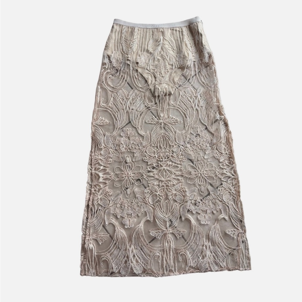 NEW Anthropologie Cream Lace Appliqué Midi /Maxi Skirt Column M Pull-On MSRP$168 - Picture 2 of 5
